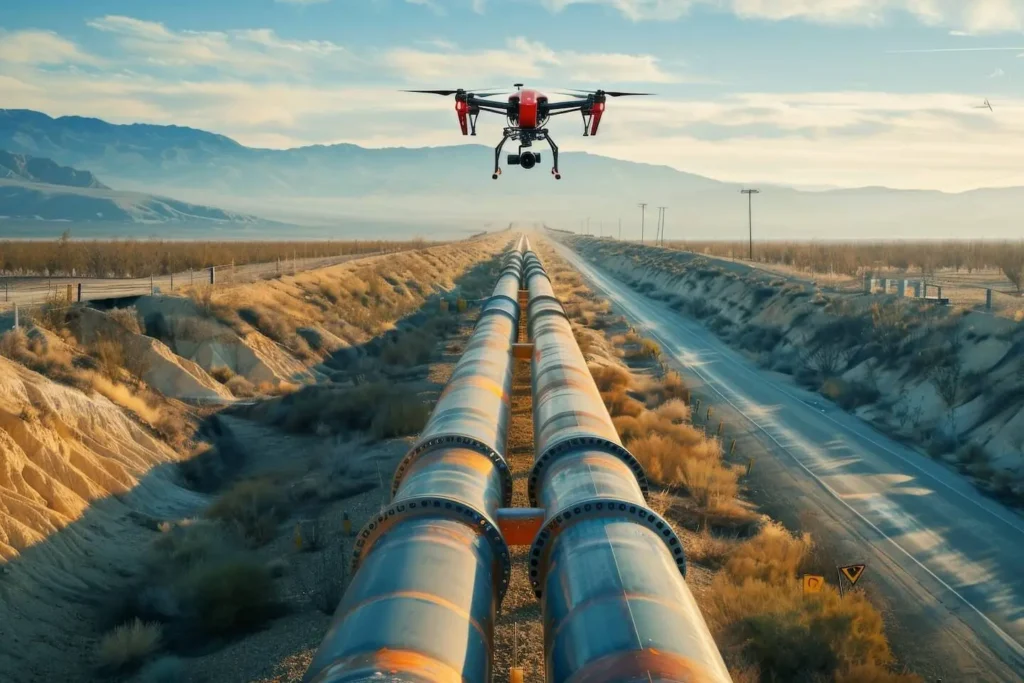 A drone hovers over large pipelines in an open landscape.